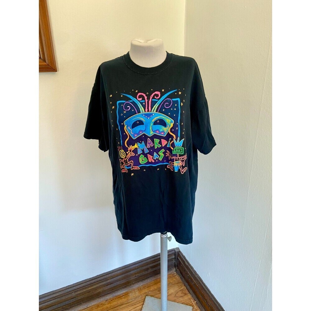 VTG y2k New Orleans Mardi Gras T Shirt Large Blk Gildan Mask Beads 90s Tribal